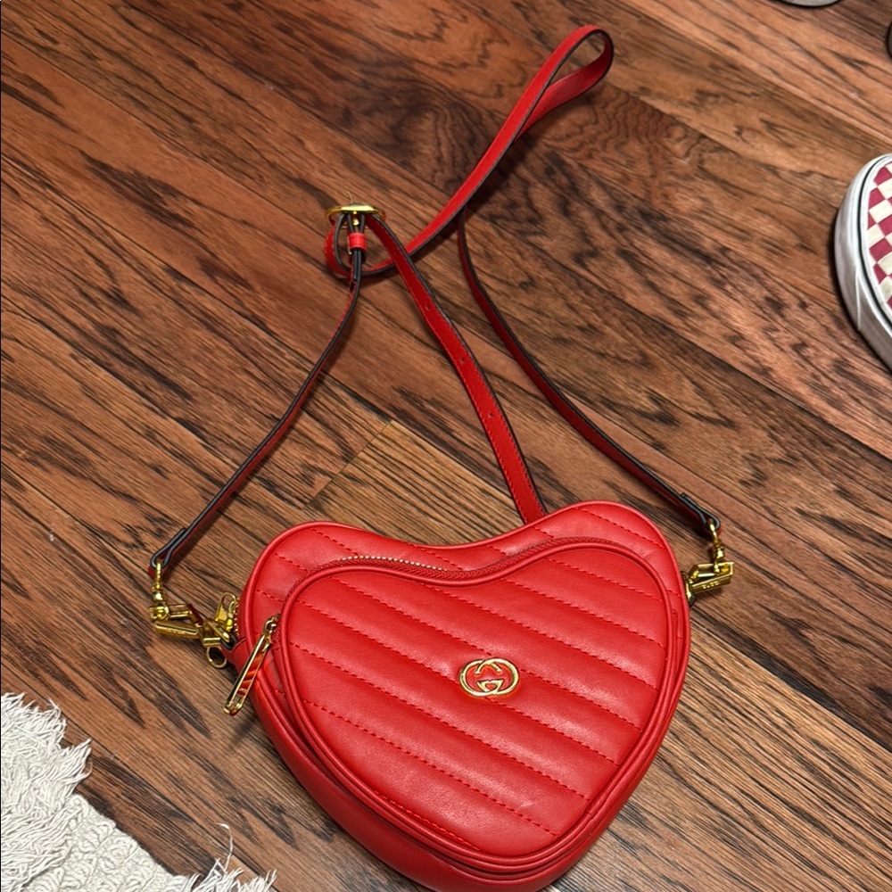 Gucci Heart-Shaped Red Crossbody Bag with Gold Details